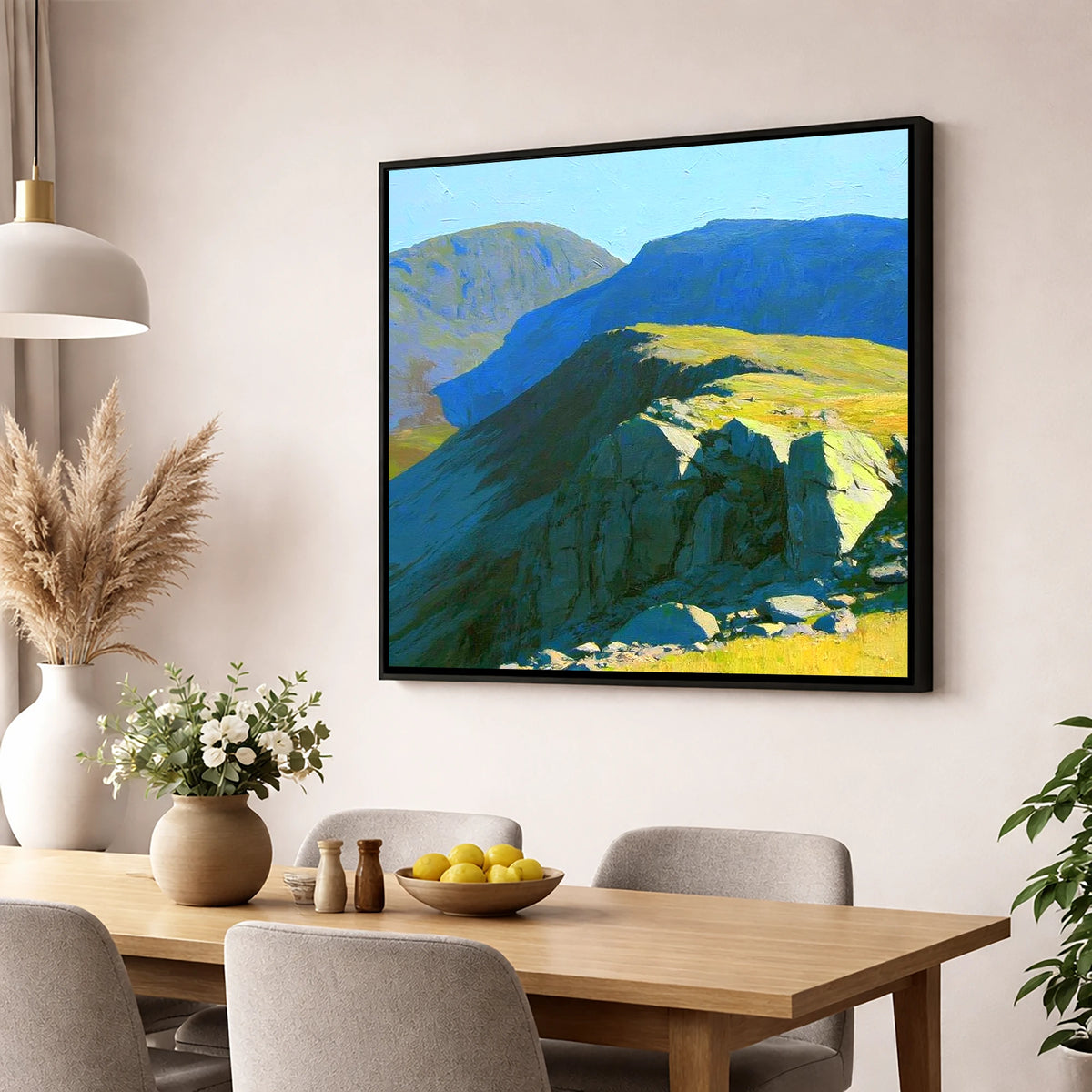 Sunlit Ridge on Crinkle Crags lake district fell wall art displayed in a dining room