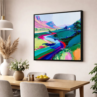 Vivid Winding River Through Fells lake district waterfall wall art displayed in a dining room