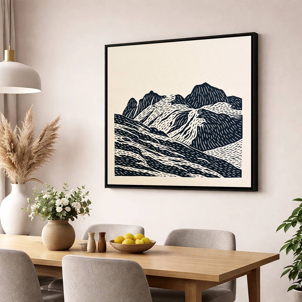 Bold Langdale Pikes Silhouette lake district fell wall art displayed in a dining room