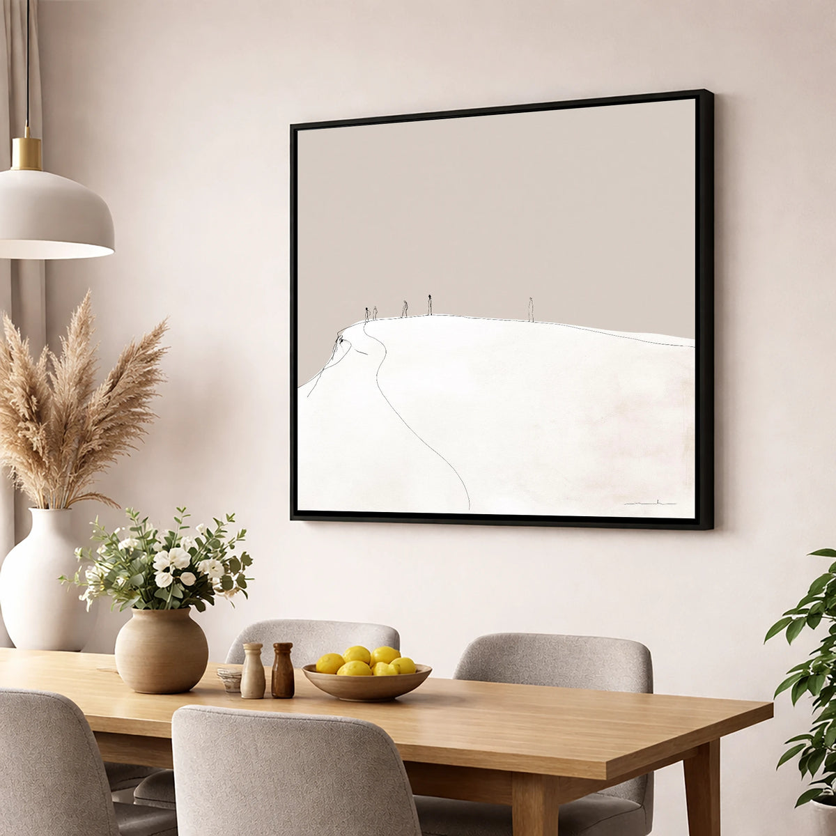 Distant Hikers on a Fell lake district fell wall art displayed in a dining room