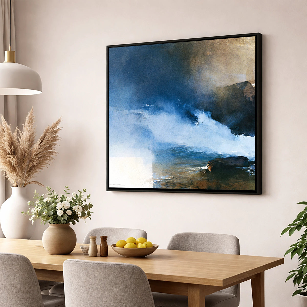 Stormy Blue Fellside Beck lake district waterfall wall art displayed in a dining room