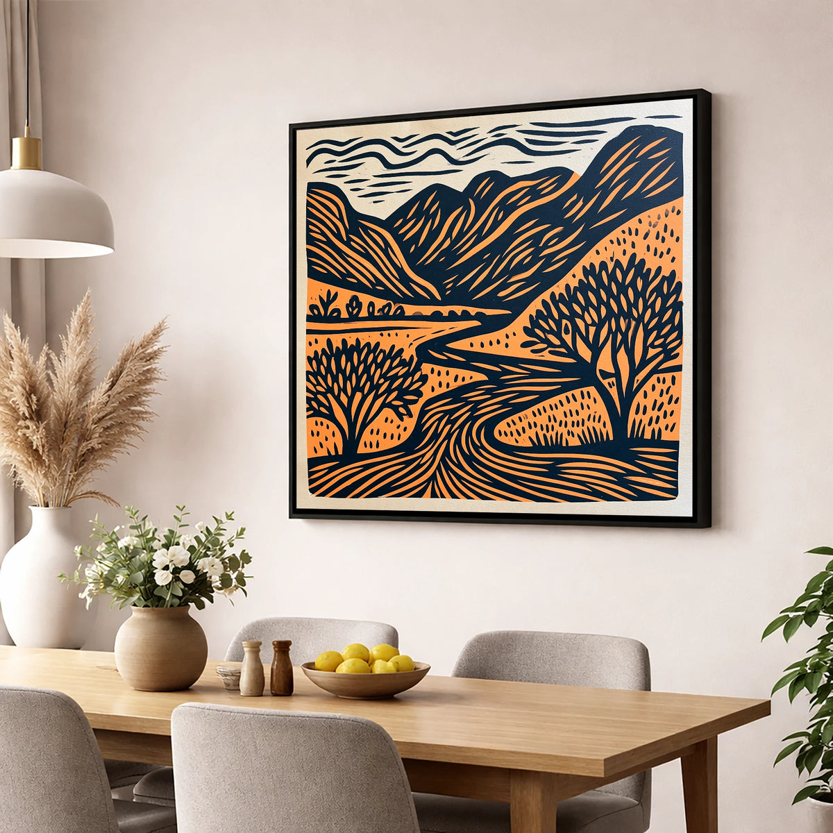Rhythmic Borrowdale River Valley lake district valley wall art displayed in a dining room