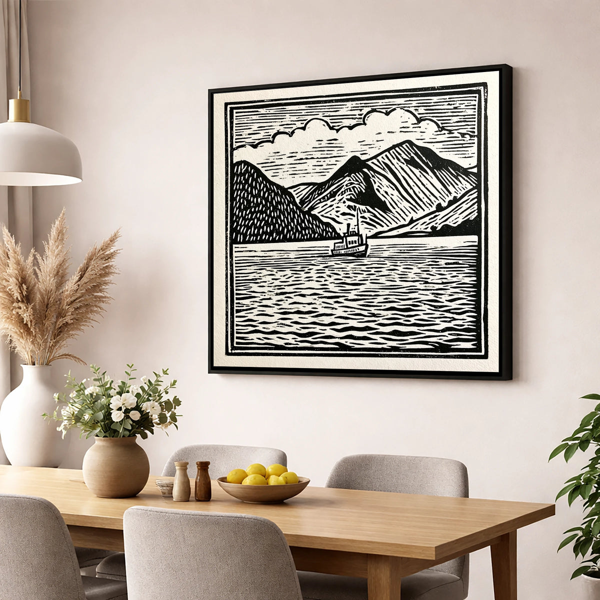 Bold Monochrome Ullswater Steamer lake district lake wall art displayed in a dining room