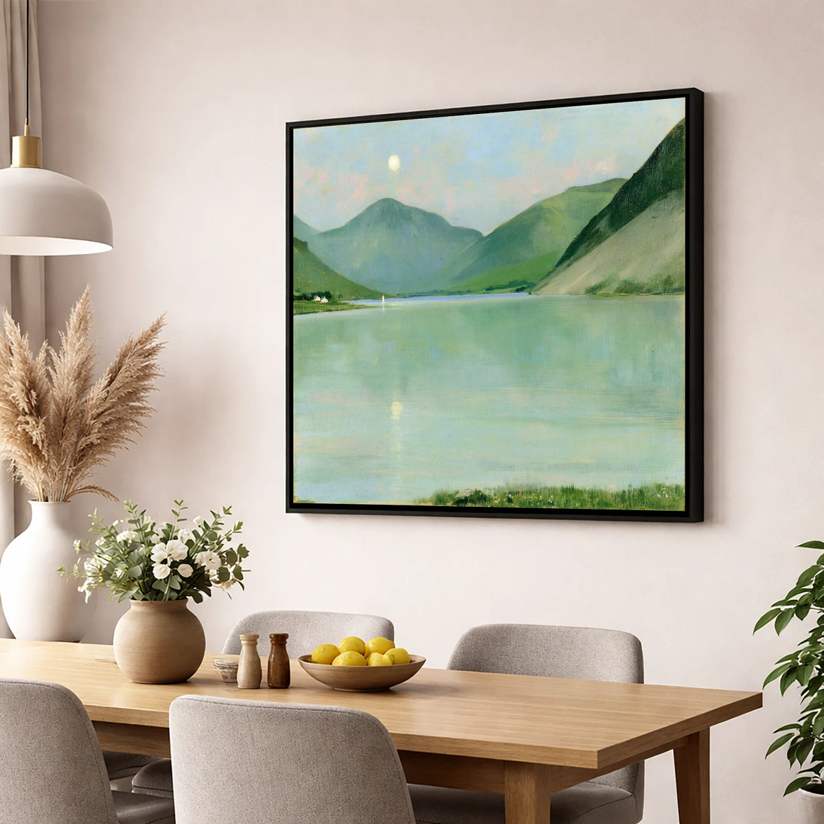 Pastel Moonrise Over Wastwater lake district sky wall art displayed in a dining room