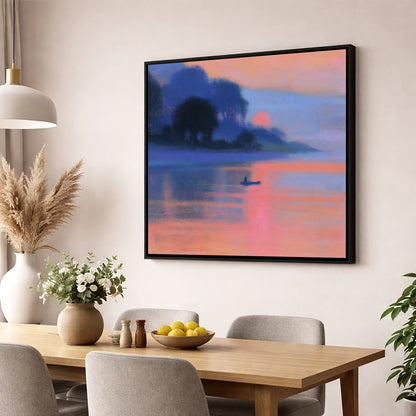 Indigo and Pink Lake Sunset lake district lake wall art displayed in a dining room
