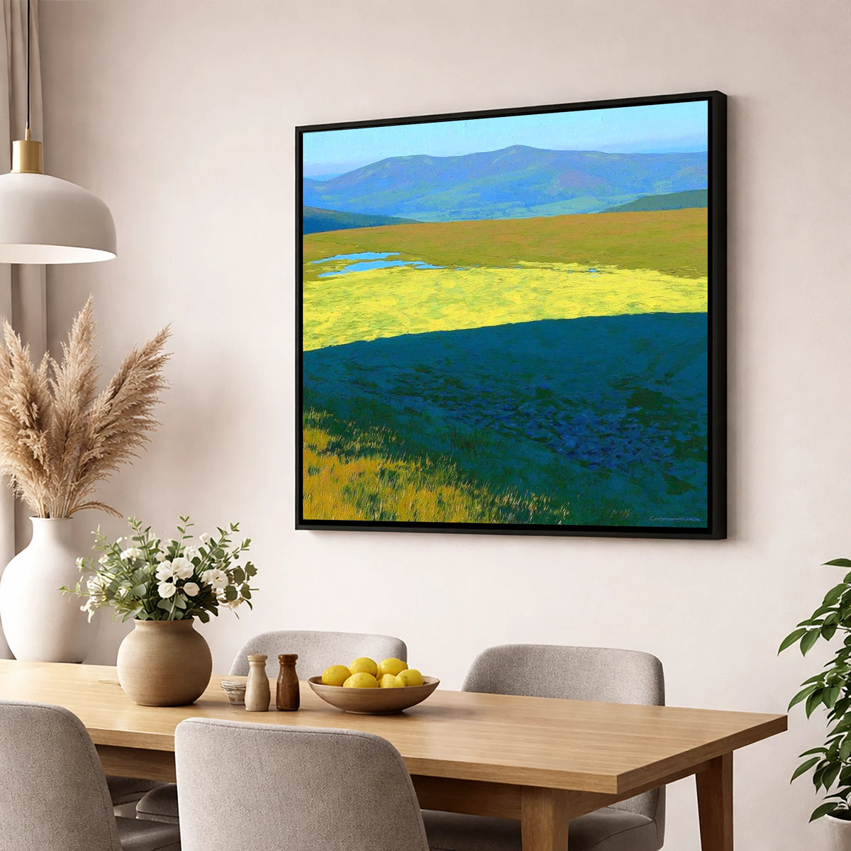 Sunlit Plateau on Mungrisdale Common lake district fell wall art displayed in a dining room
