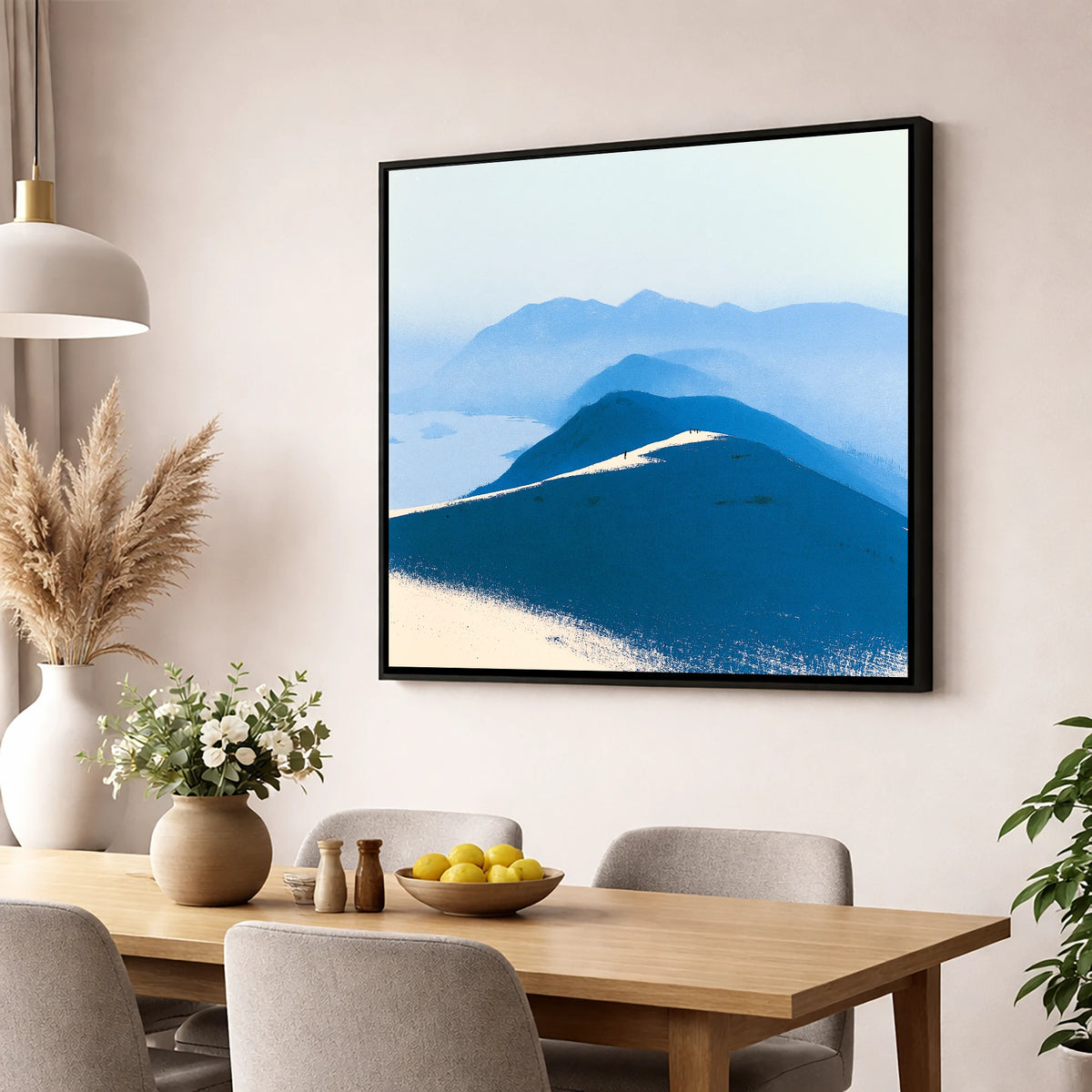Fell Summit in Deep Blue lake district fell wall art displayed in a dining room