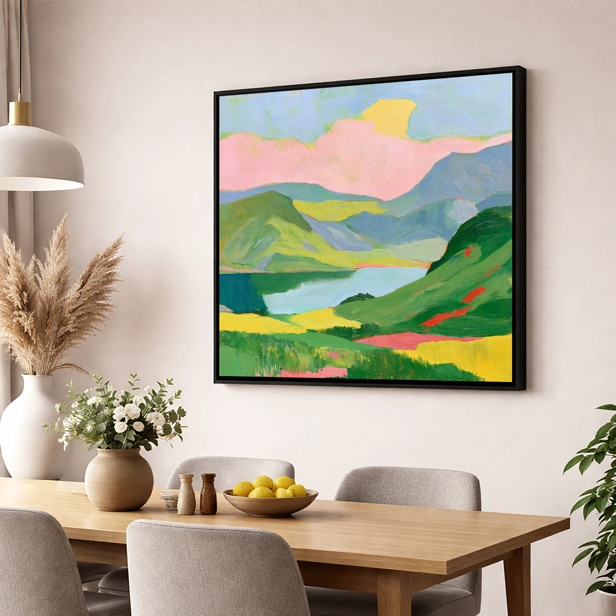 Vibrant Fells and Mountain Lake lake district lake wall art displayed in a dining room