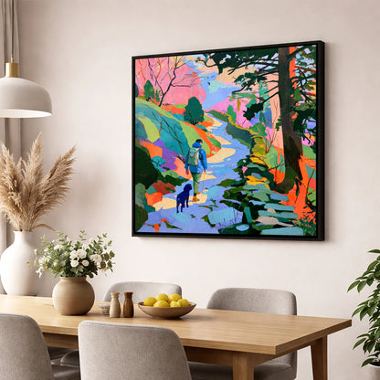Colourful Hawkshead Dog Walk gifts for dog walkers wall art displayed in a dining room