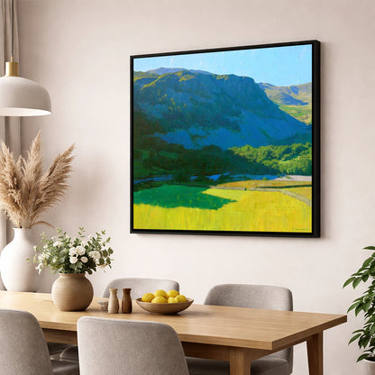 Arnison Crag Over Sunlit Fields lake district fell wall art displayed in a dining room