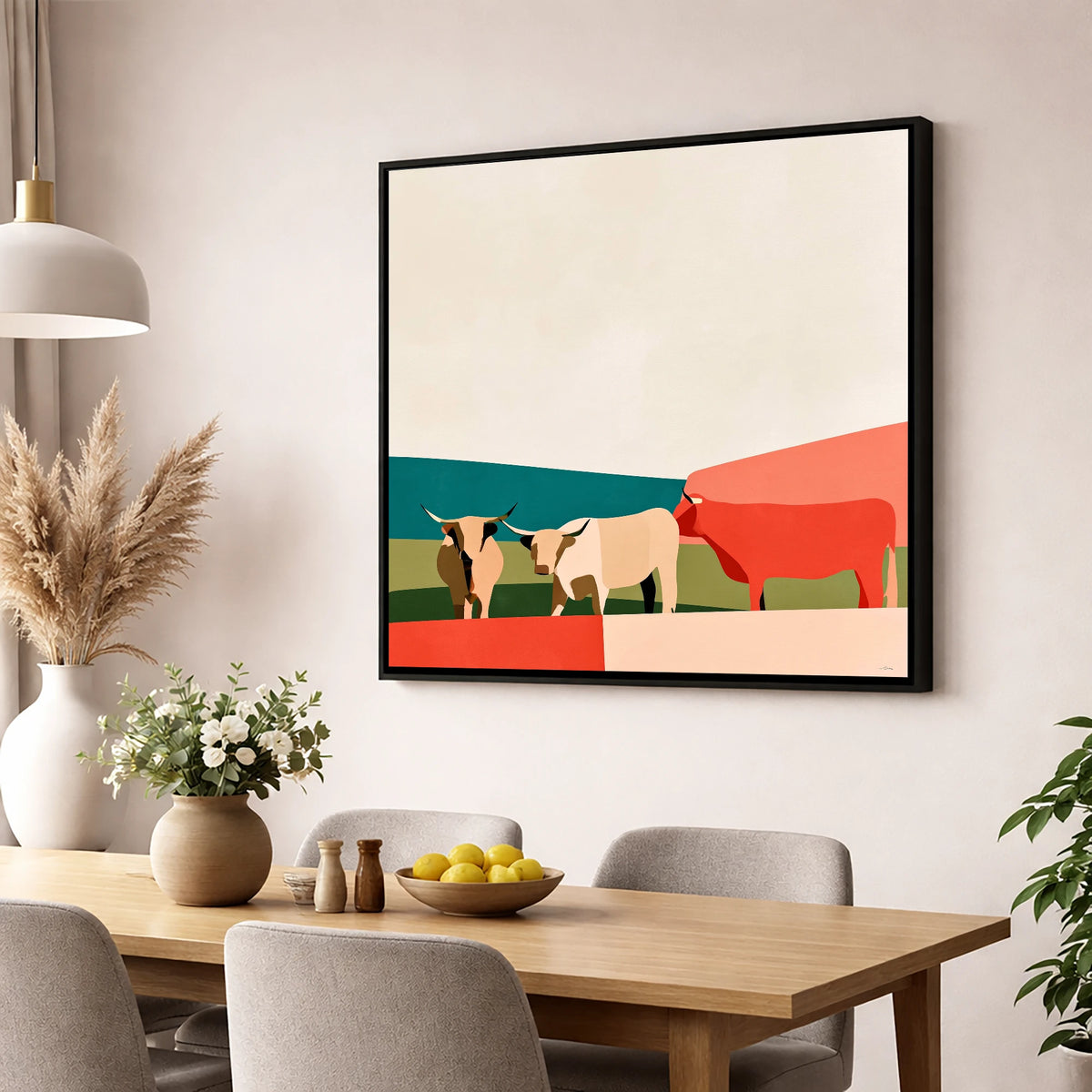 Abstract Highland Cattle and Fells lake district wildlife wall art displayed in a dining room