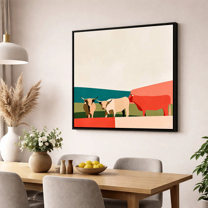 Abstract Highland Cattle and Fells lake district wildlife wall art displayed in a dining room