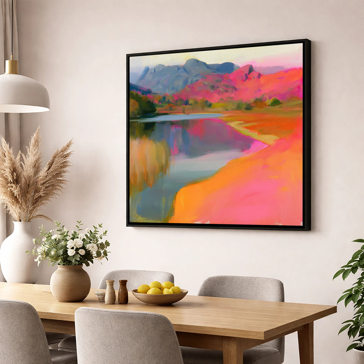 Vibrant Elterwater and Pink Fells lake district lake wall art displayed in a dining room