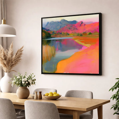 Vibrant Elterwater and Pink Fells lake district lake wall art displayed in a dining room