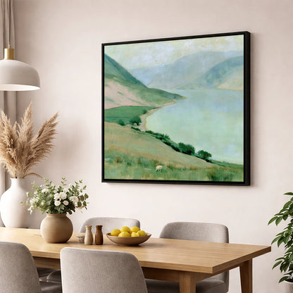 Pastel Haze over Ennerdale Water lake district valley wall art displayed in a dining room