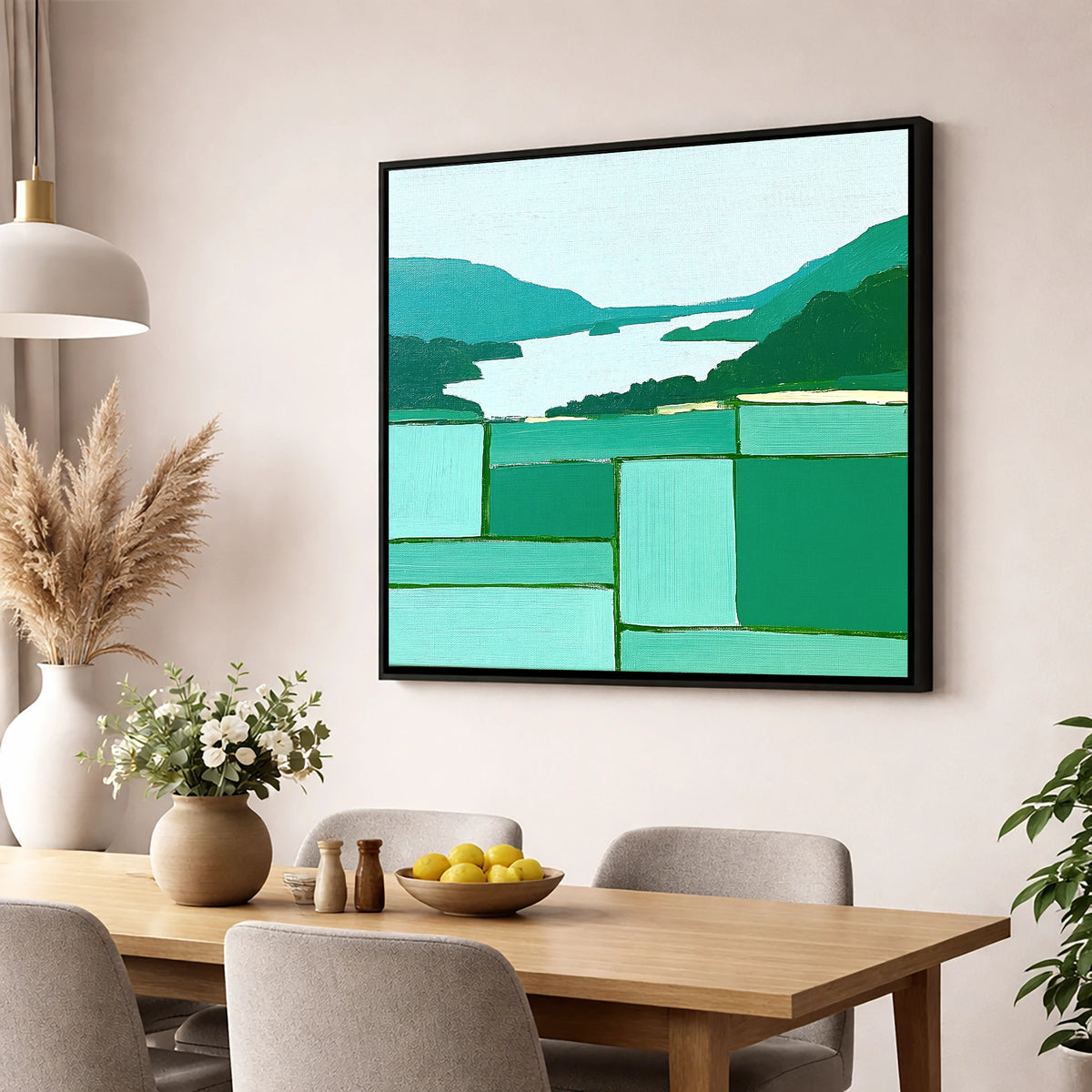 Geometric Greens Above Glenridding lake district village wall art displayed in a dining room