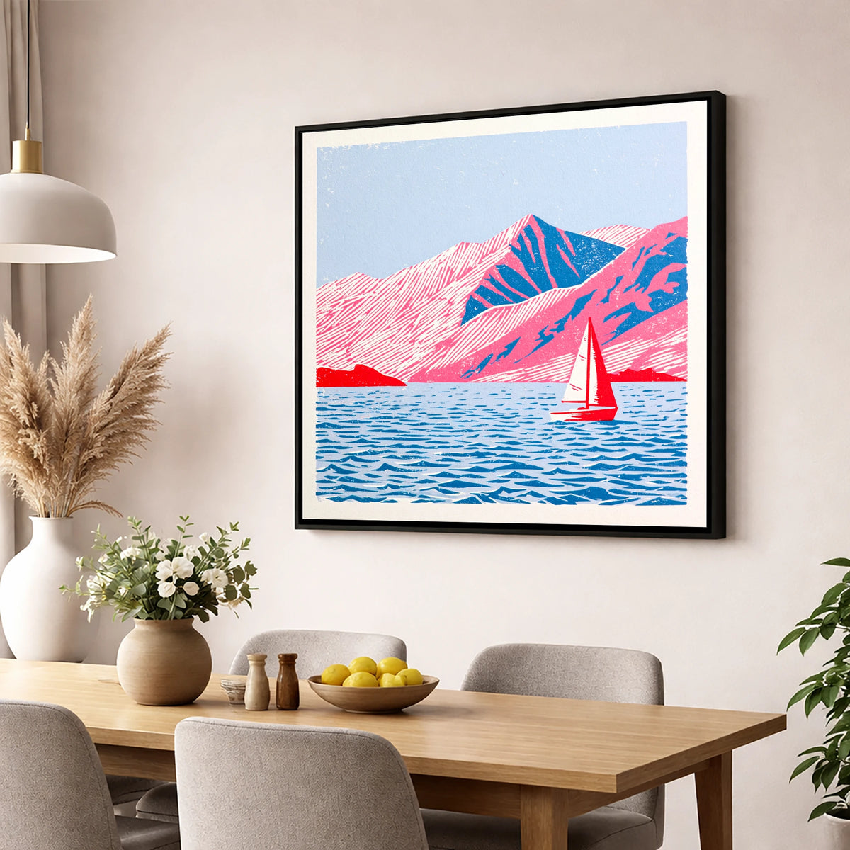 Red Sailboat on Vibrant Ullswater lake district lake wall art displayed in a dining room