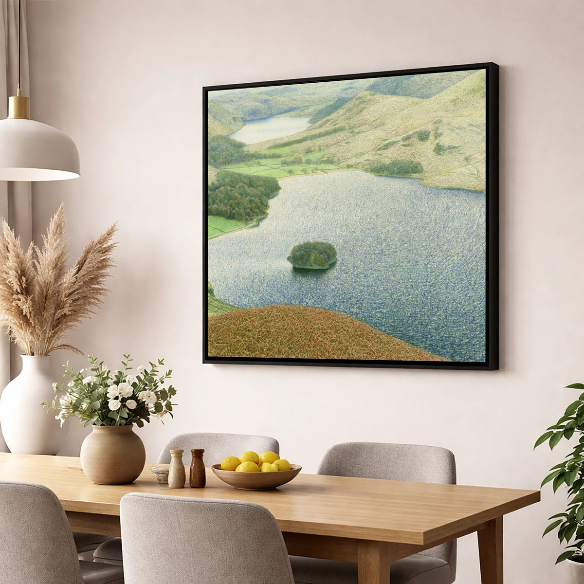 Autumn Bracken Above Grasmere lake district lake wall art displayed in a dining room