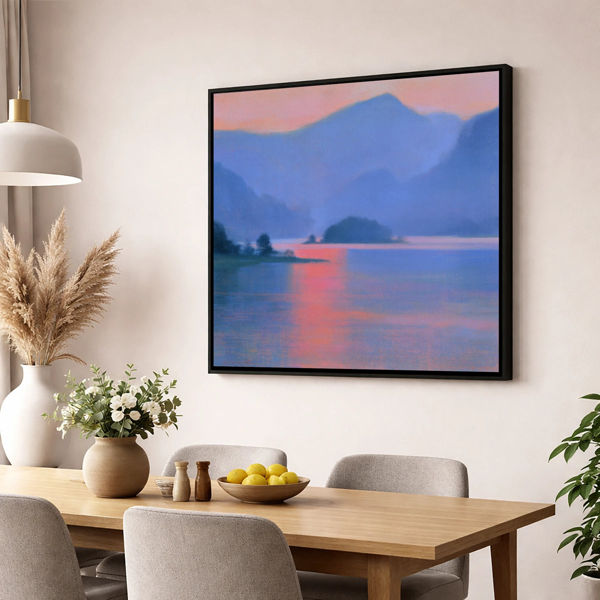 Derwentwater and Catbells in Pink Light lake district lake wall art displayed in a dining room