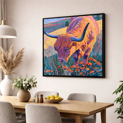 Vibrant Highland Cow Grazing the Fells lake district wildlife wall art displayed in a dining room