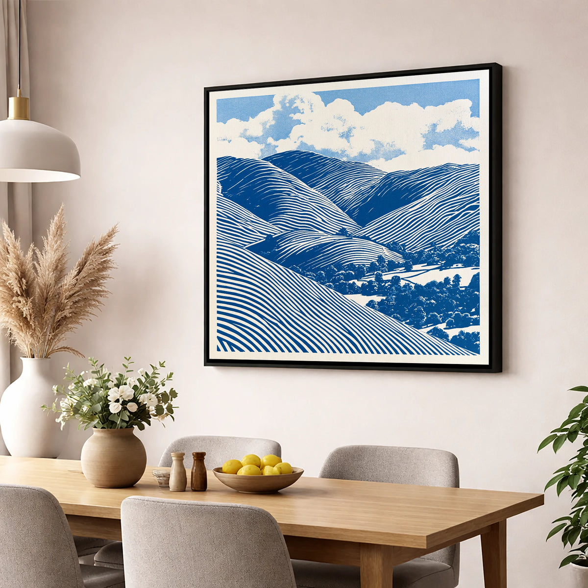 Cobalt Blue Rolling Fells lake district fell wall art displayed in a dining room