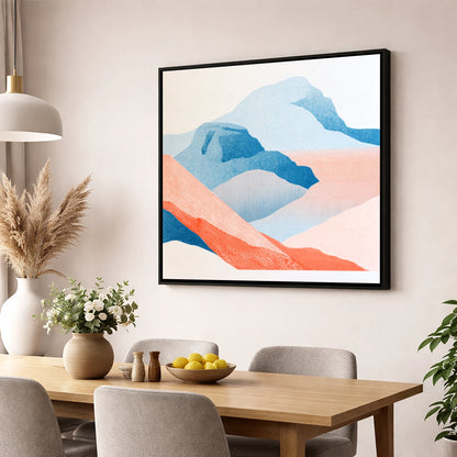 Bowfell in Graphic Coral and Blue lake district fell wall art displayed in a dining room