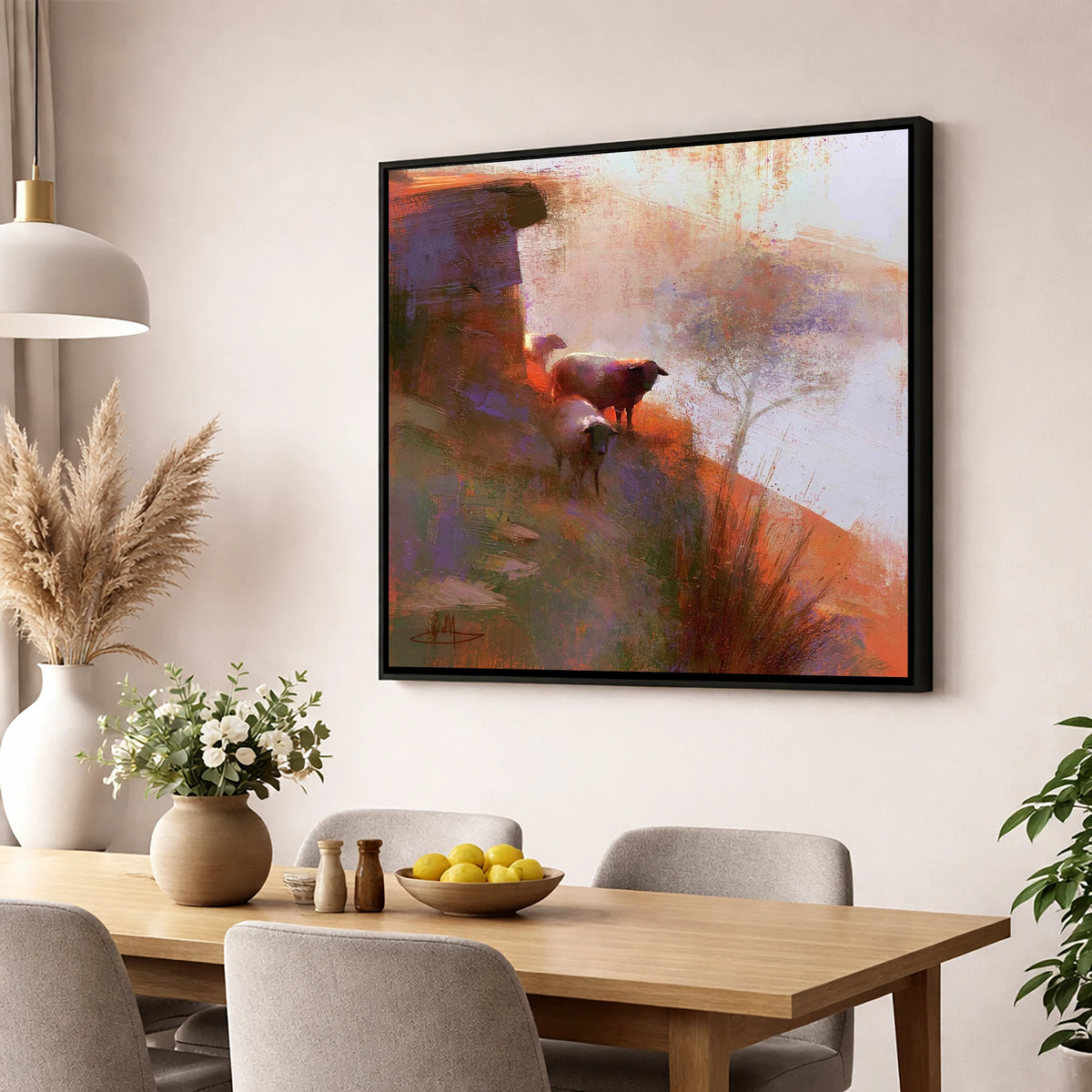 Herdwick Sheep on Sunlit Fellside lake district wildlife wall art displayed in a dining room