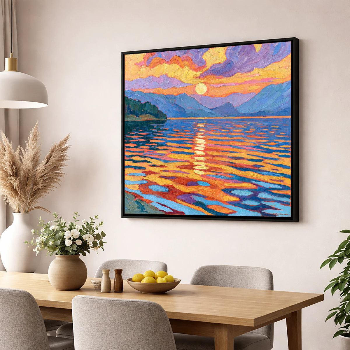 Vibrant Sunset Over Lake Water lake district lake wall art displayed in a dining room