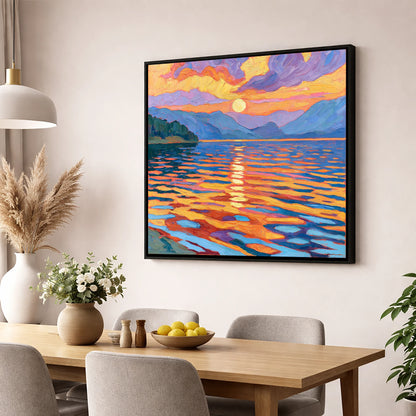 Vibrant Sunset Over Lake Water lake district lake wall art displayed in a dining room