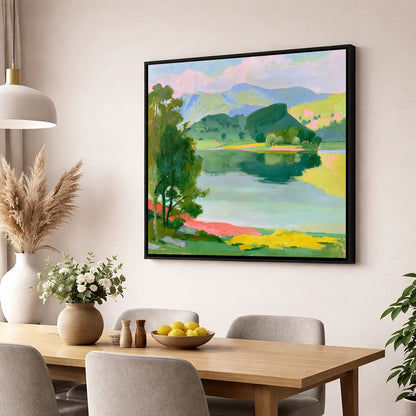 Colourful Fells and Teal Lake lake district lake wall art displayed in a dining room