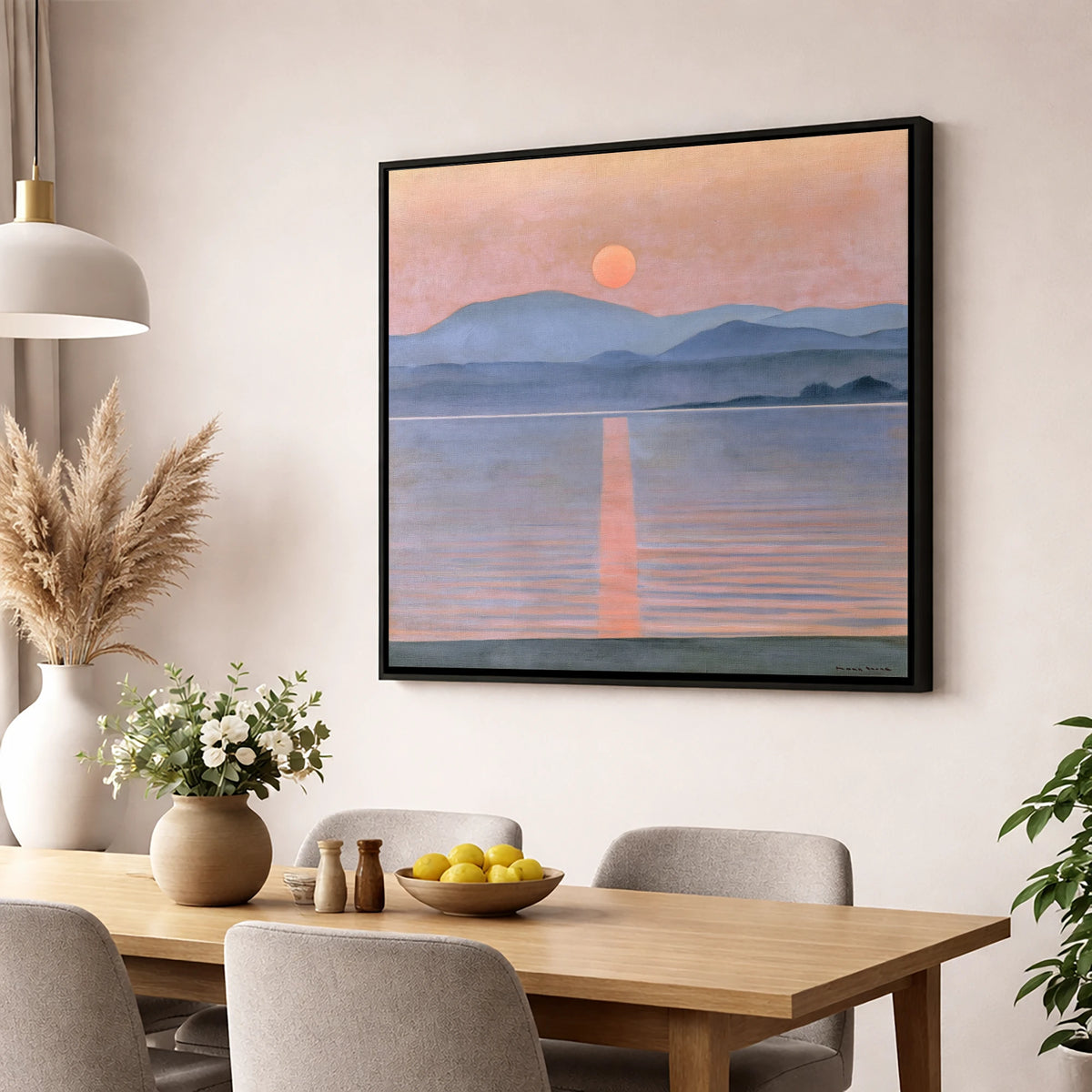 Lavender Sunset Over Slate Fells lake district lake wall art displayed in a dining room