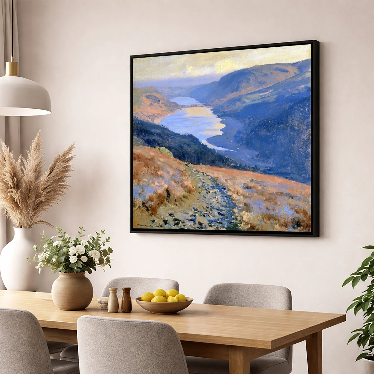 Sunlit Thirlmere from Helvellyn Path lake district lake wall art displayed in a dining room