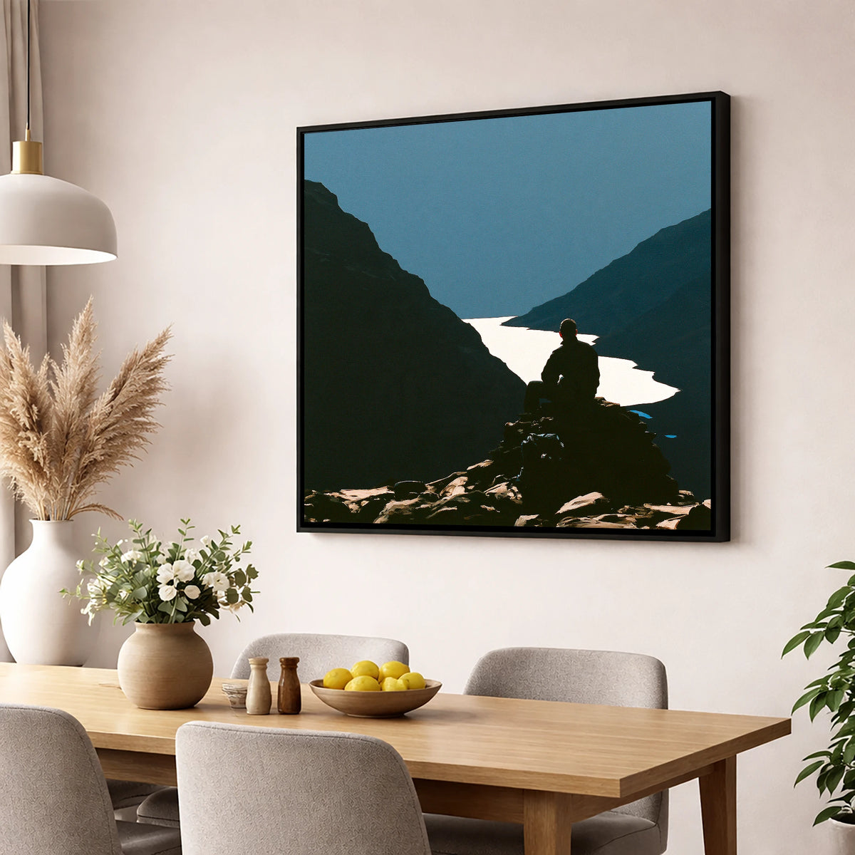 Walker Silhouette on Great Gable lake district fell wall art displayed in a dining room