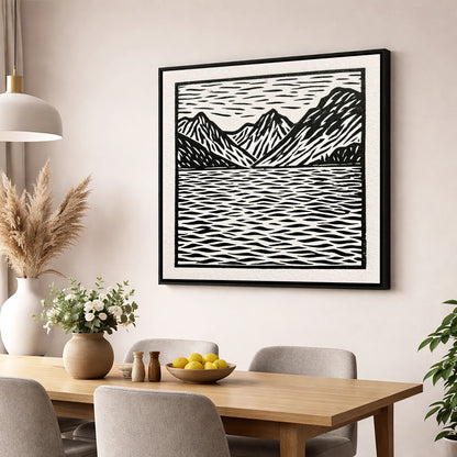 Monochrome Fells and Lake Reflections lake district lake wall art displayed in a dining room