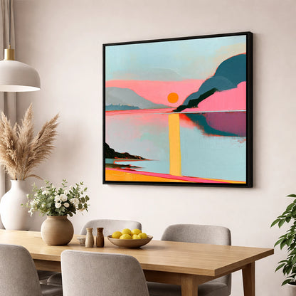 Bold Pink Sunset Over The Lake lake district lake wall art displayed in a dining room