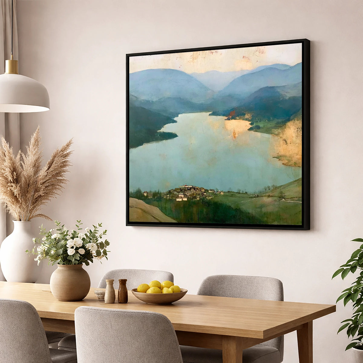 Glenridding and Ullswater in Gold lake district village wall art displayed in a dining room