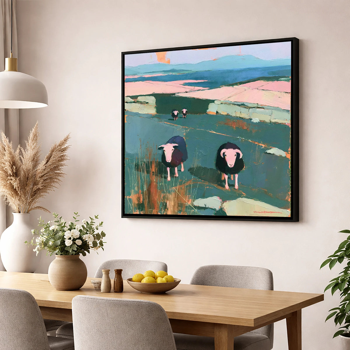 Herdwick Sheep on a Teal Fellside lake district wildlife wall art displayed in a dining room