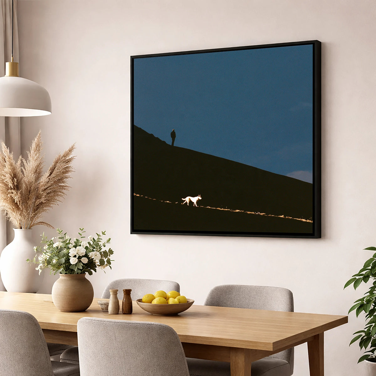 Skiddaw Silhouette Walker and Dog gifts for dog walkers wall art displayed in a dining room