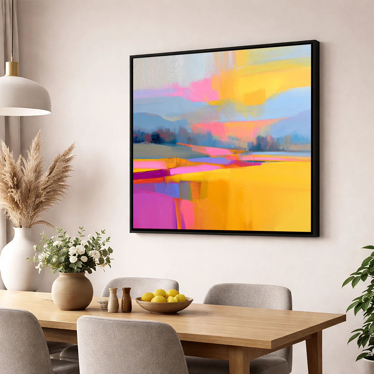 Fuchsia and Gold Evening Fells lake district sky wall art displayed in a dining room