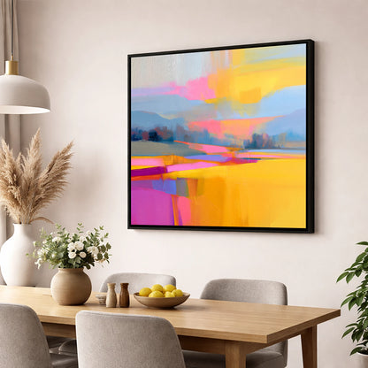 Fuchsia and Gold Evening Fells lake district sky wall art displayed in a dining room