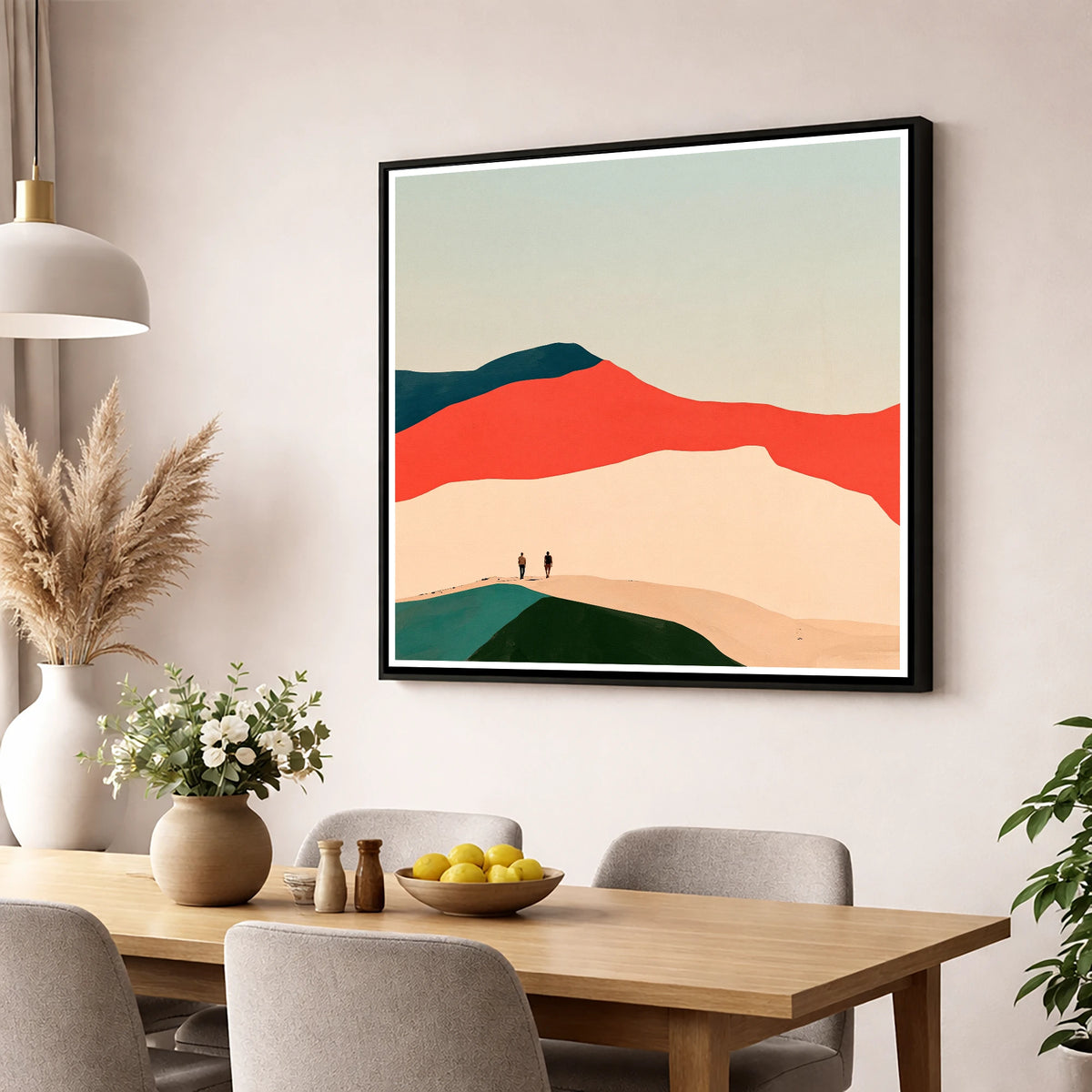 Hikers on a Graphic Fell Ridge lake district fell wall art displayed in a dining room