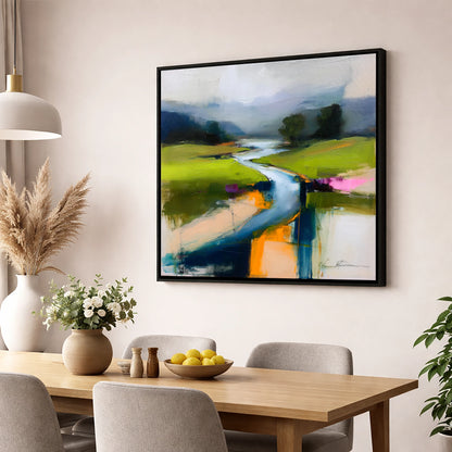 Vibrant Winding River and Valley lake district waterfall wall art displayed in a dining room