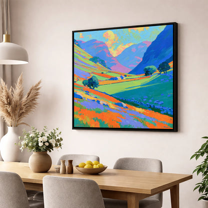 Valley Farm Beneath Bright Fells lake district valley wall art displayed in a dining room