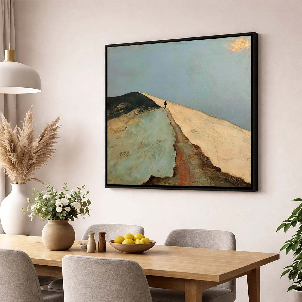 Silhouetted Walker on Striding Edge lake district walking wall art displayed in a dining room