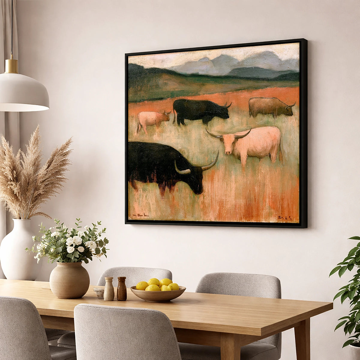 Highland Cattle on Warm Fells lake district wildlife wall art displayed in a dining room
