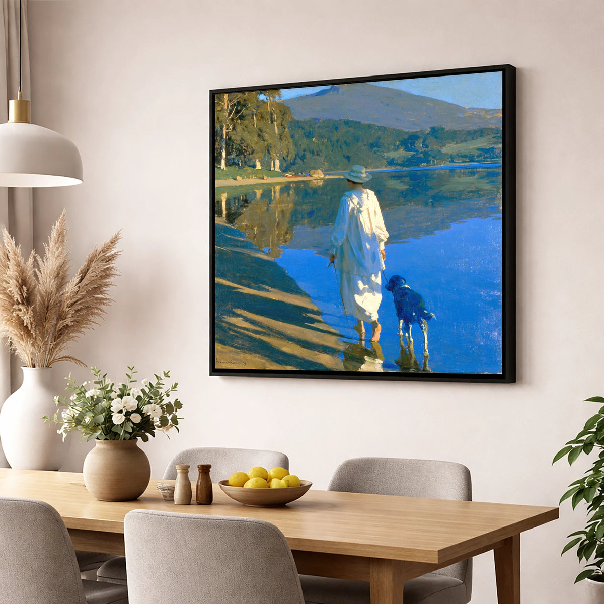 Sunlit Dog Walk Coniston Water gifts for dog walkers wall art displayed in a dining room