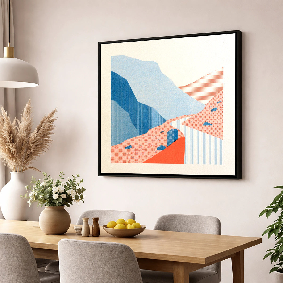 Hardknott Pass in Coral and Blue lake district valley wall art displayed in a dining room