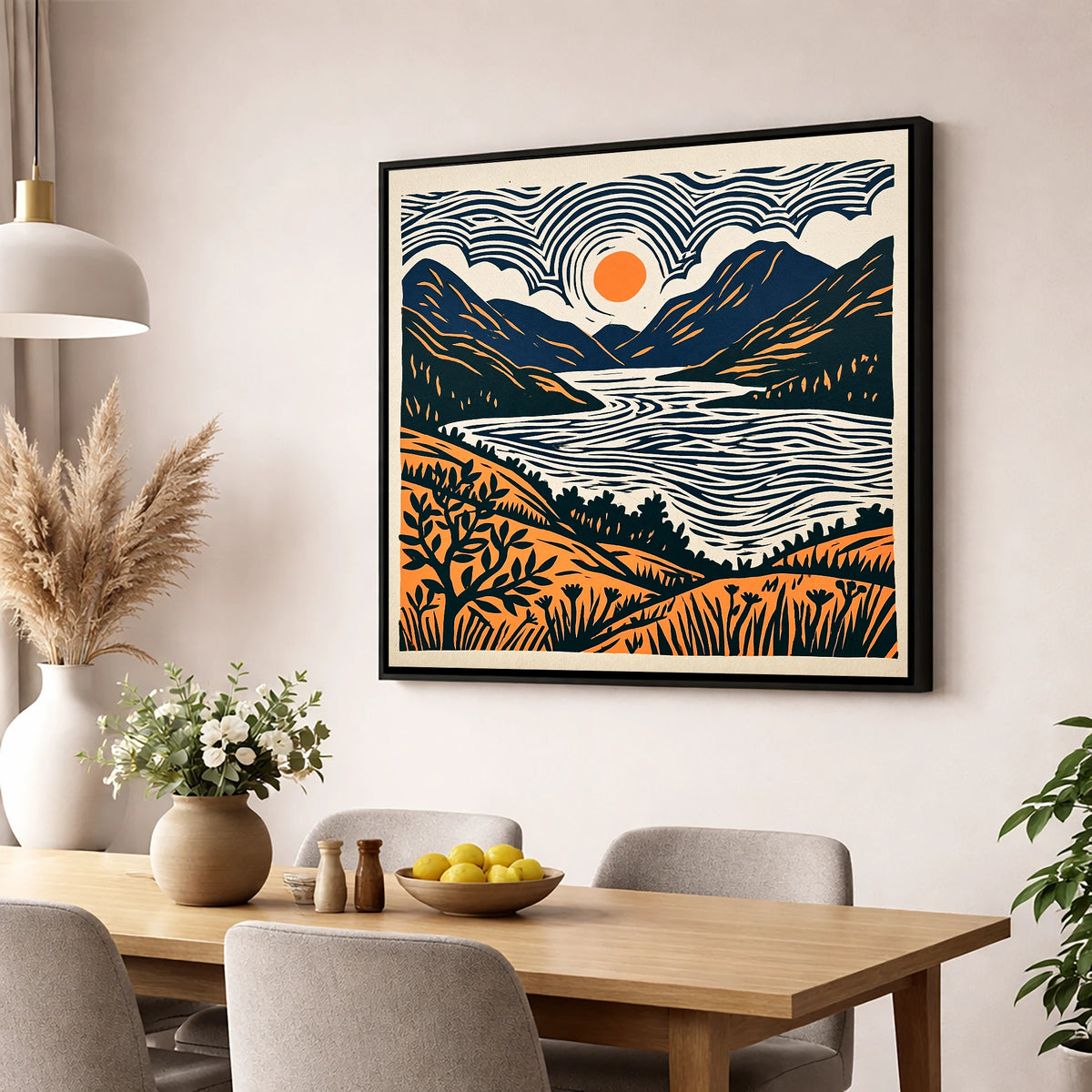 Orange Sun Over Ennerdale Water lake district valley wall art displayed in a dining room