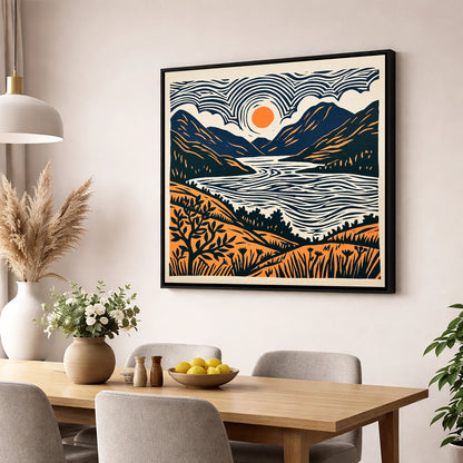 Orange Sun Over Ennerdale Water lake district valley wall art displayed in a dining room