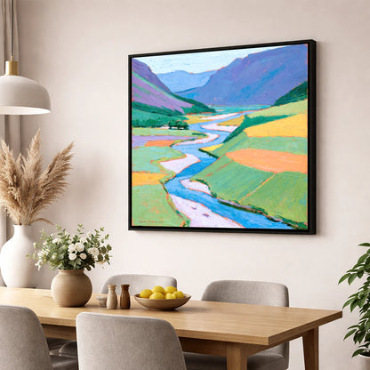Vibrant Winding River Valley lake district waterfall wall art displayed in a dining room